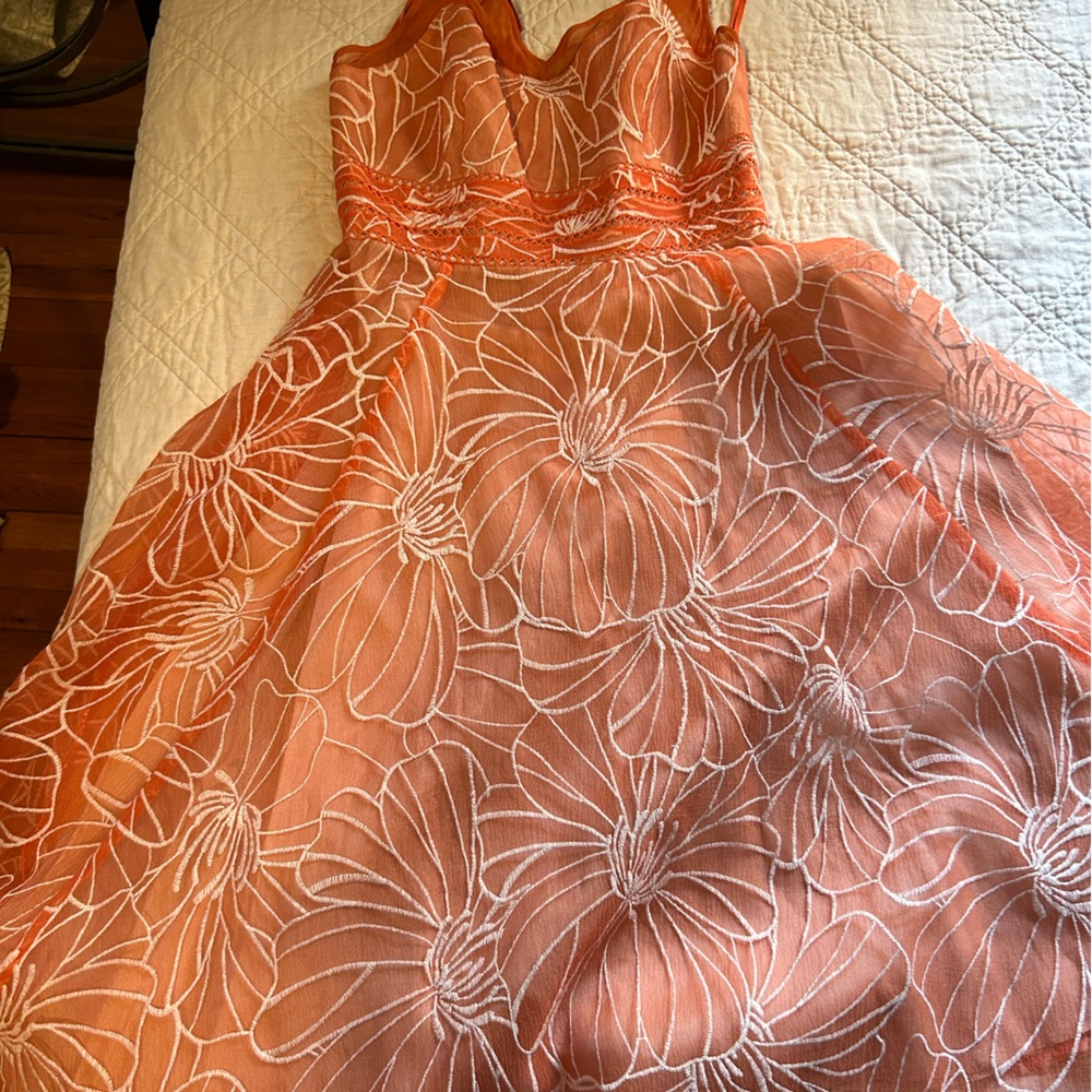 Anthropologie party dress.  Peach sheer embroidered dress.